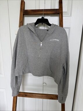 Just Strong Hoodie Womens Size S/M Grey Oversized Half Zip Cropped Athletic
